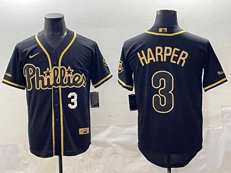 Men 2025 Philadelphia Phillies #3 Harper Black Gold Throwback Nike MLB Jersey style 007->women mlb jersey->Women Jersey